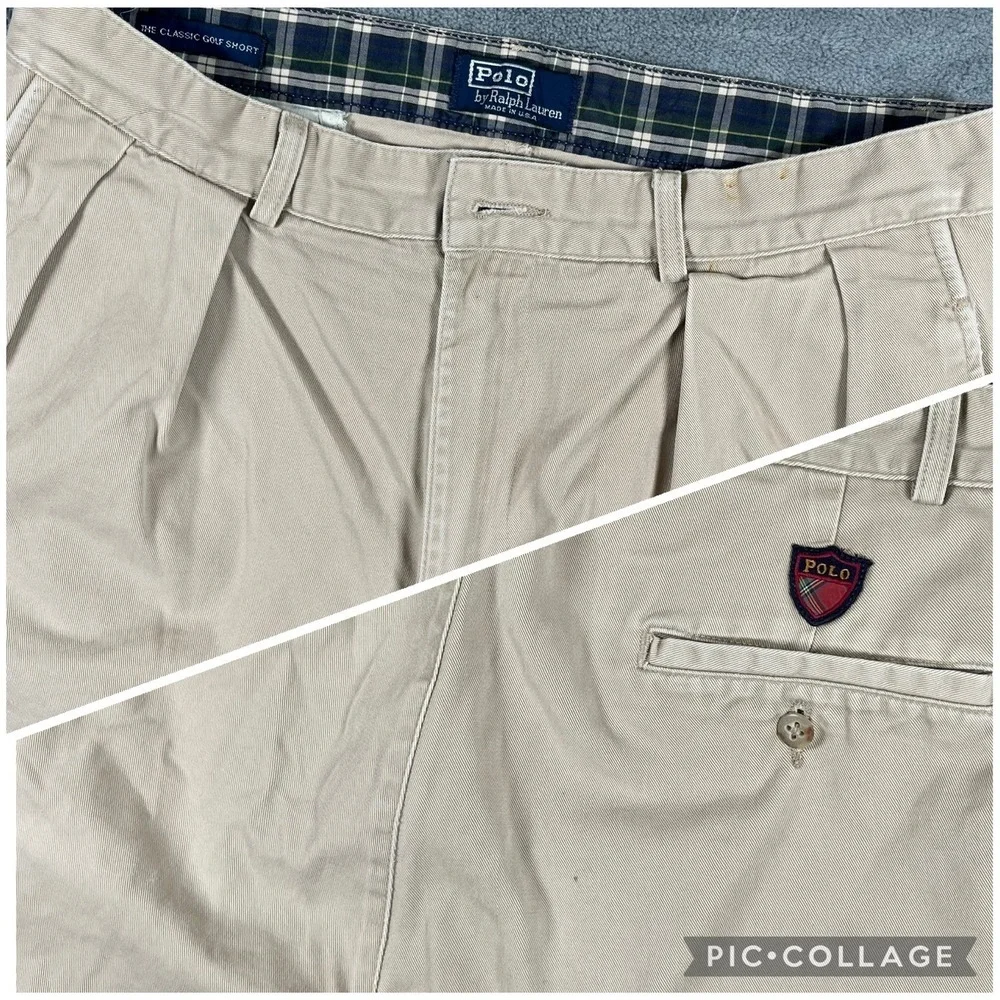 VTG Polo Ralph Lauren Mens 32 Classic Golf Short Beige Pleated Chino Plaid USA